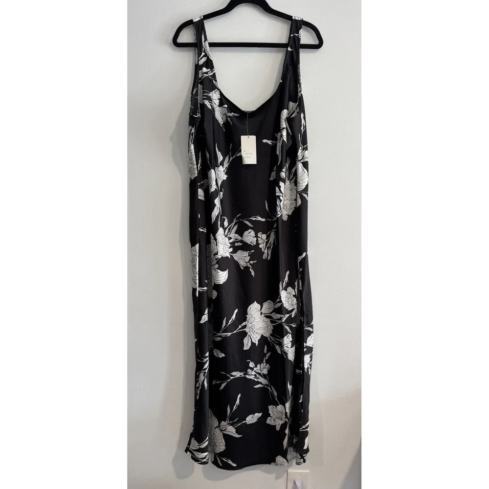 A New Day Sleeveless Black Floral Satin Maxi Slip Dress 2X 2XL Side Slit‎ Luxury